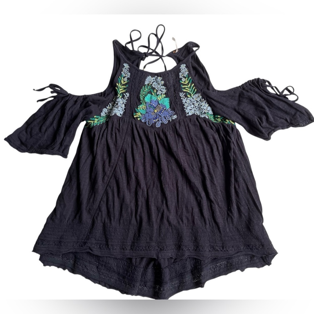 Free People fast times Navy beaded Embroidered cold shoulder Blouse - Picture 2 of 11